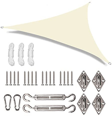 NAKIHOUSE Toldo con kit de fijación de 24 piezas, 5 x 5 x 5 m, impermeable, triangular, sombrilla exterior, jardín, patio, piscina, sombra, toldo para camping, sombra (beigeblanco)