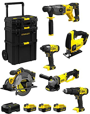 STANLEY FatMax Kit SVK601 (SFMCH900 + SFMCG400 + SFMCD711 + SFMCF800 + SFMCS500 + SFMCS600 + 3 Batterien 4,0 Ah + Ladegerät + Caddy 3in1)