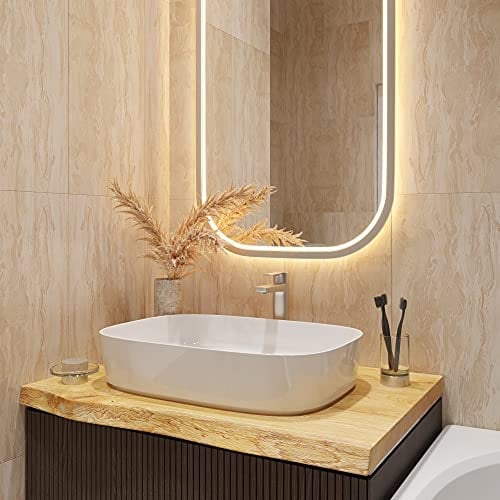 BestLoft Waschtischplatte Holz (Länge: 65 cm/Breite: 30-35 cm) Waschtisch Holz Eichenbrett Massiv 40 mm dick Tischplatte Baumkante Waschplätze rustikale Waschtischkonsole Massivholzplatte