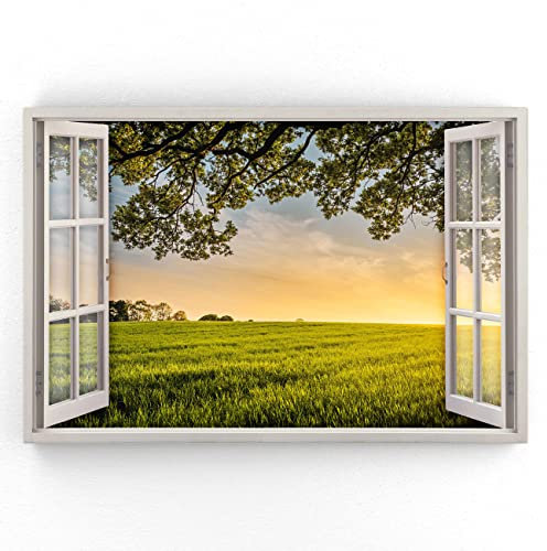 Estika - Leinwand Bilder Fensterblick - Wald, Feld - 90x60 cm - 1 teilige Wandbilder, Bild auf Leinwand, Modern Deko für wohnzimmer schlafzimmer - Natur Landschafts bilder - 5981A_1L