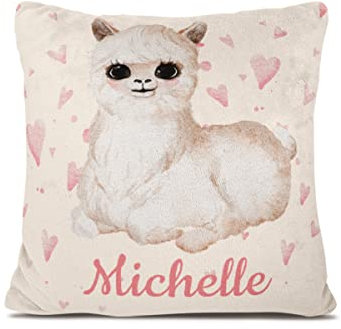 Personalisedog Fleece Baby Kissen mit Wunschname & Tierdesign und Motivfarbe | Namenskissen Geschenk zur Geburt oder Taufe Namen für Junge Mädchen (Lama Herzen)