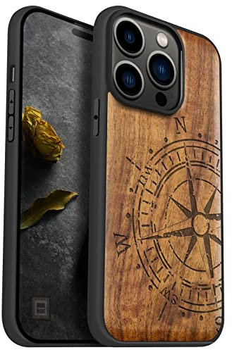 Carveit Magnetisch Hülle für iPhone 14 Pro Case [Elegante Nussbaum] [Weich TPU Stoßstange] Stoßfeste Handyhülle Kompatibel Magsafe mit 14 Pro Magsafe Holz Cover（Vintage Kompass）