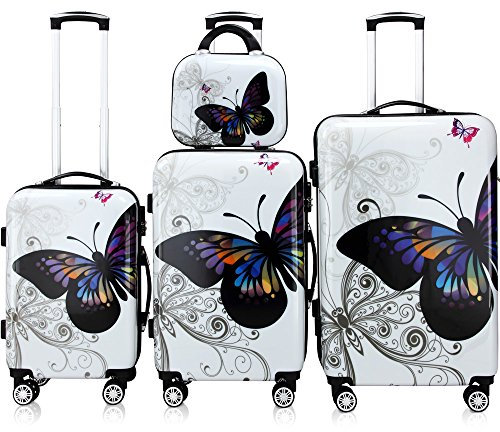 MONZANA® 4 Pcs Hard Shell Suitcase Set | Luggage | Travel Carry On Cabin Bag Butterfly Spinner Wheel Lock Vanity Case | 360° | Castors System | Large Medium Small | Lightweight