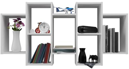 Whatsize - White Bookcase Floating Shelf for Wall - Small Bookcase | Book Shelf with 7 Wooden Compartments - For Bedroom, Study, Kids Room, Livingroom or Office