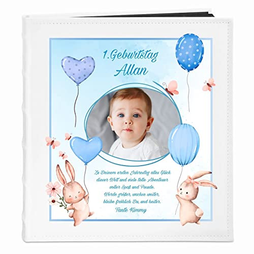 Maverton Fotoalbum zum Selbstgestalten mit Aufdruck - für 240 Fotos 10x15-60 schwarze Seiten - Größe 33x30cm - Weiß - personalisierte Geschenke für Baby zur Taufe Geburt - Geburtstagsgeschenk