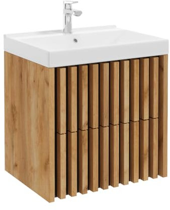 Lomadox Badmöbel Einzel Waschtisch mit Unterschrank 60 cm mit Keramik-Waschbecken, Eiche Nb. mit Lamellenfronten, B/H/T: ca. 61/62,5/46 cm