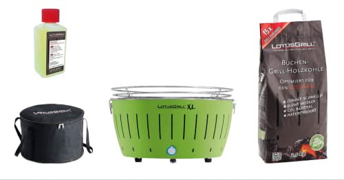 LotusGrill XL Starter-Set, 1 griglia, 1 carbone di faggio da 2,5 kg, 1 pasta combustibile da 200 ml, 1 borsa per il trasporto (Green)