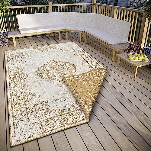 NORTHRUGS Cebu In- & Outdoor Wendeteppich - Flachgewebe, Orient Design, Vintage, ÖKO-TEX, Wetterfest & UV-beständig für Balkon, Terrasse, Garten - Ocker, 200x290cm