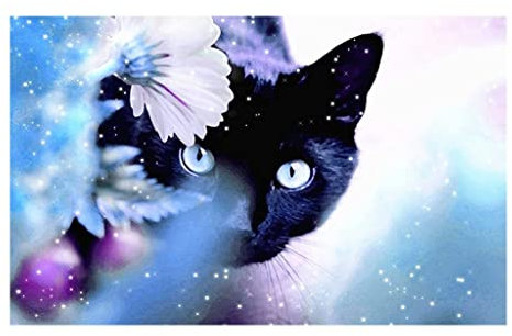 DOUKOYEE Diamond Painting Schwarz Katze Hinter den Blumen Erwachsene Kinder DIY Diamant Painting Kits Paint by Number Diamond Arts Craft Malen nach Zahlen Diamant Anfänger, Home Wall Decor 30x40cm