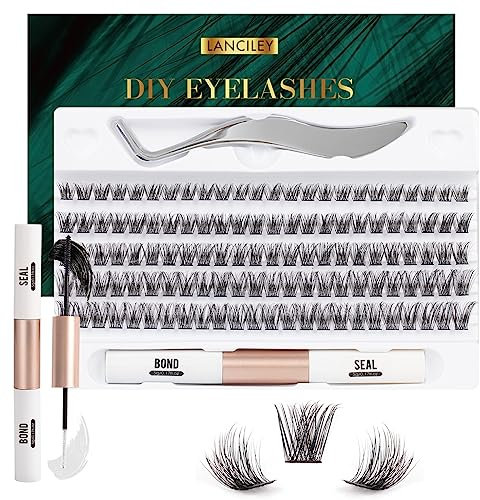 Lanciley Lash Extension Kit 120 Pcs Individual Lashes Soft Light Thin Band Cluster Lashes Eyelash Extension Kit C D Curl Lash Clusters with Bond and Seal Tweezers DIY at Home Mix 10-16mm - L17