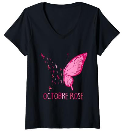 Octobre Rose 2023 Femme Ruban de Sensibilisation Cancer sein T-Shirt avec Col en V