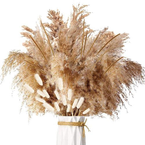 ZJTAPE Pampasgras Getrocknet - 45 Stück Natürliche Trockenblumen Deko, Braun Pampasgras Flauschige Wedel, Kurze Pampas Trockenblumenstrauß Dried Flowers, für Hochzeit Herbst Tischdeko Wohnzimmer