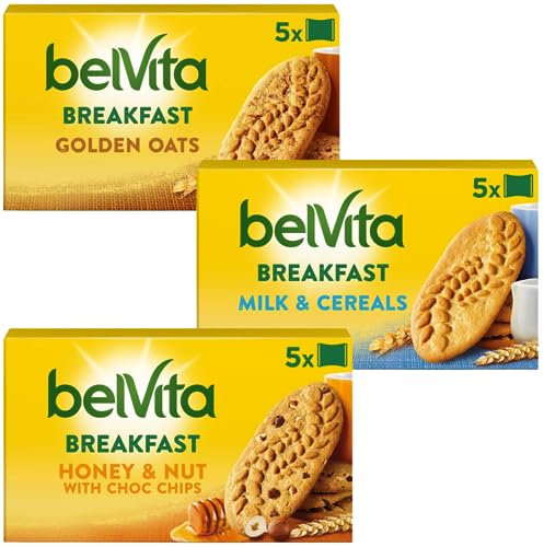 Breakfast Bar Bundle with Belvita Golden Oats & Honey x5 Bars, Nuts Chocolate Chip x5 Bars & Milk & Cereals x5 Bars, 15 Bars Total (3 Pack)