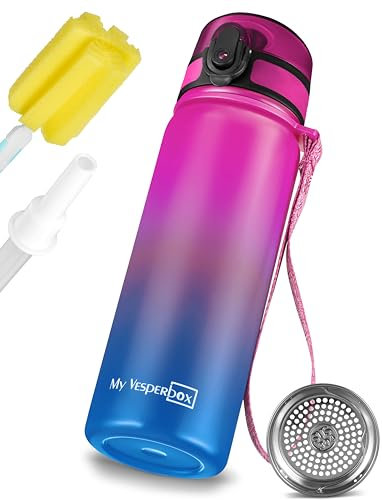 My Vesperbox - Edelstahl Thermos Trinkflasche auslaufsicher - mit Strohhalm oder Sieb - 400 ml, 600ml - BPA FREI - für Kindergarten, Schule (Lila - Blau 600ml)