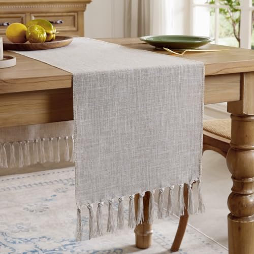 Aoztio Leichter Kaffee Landhausstil Quasten Tischläufer, 33 x 275 cm Leinenstil, Waschbarer Boho Tischläufer für Küche, Esszimmer, Hochzeit Deko
