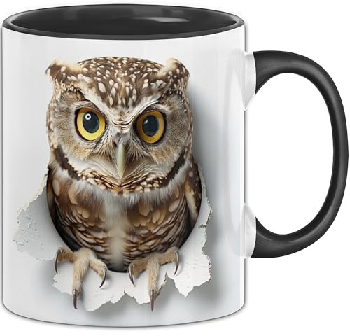Trendation - 3D Eule Tasse Geschenk Kaffee-Becher Geschenkidee Für Eulen-Liebhaber (Schwarz)