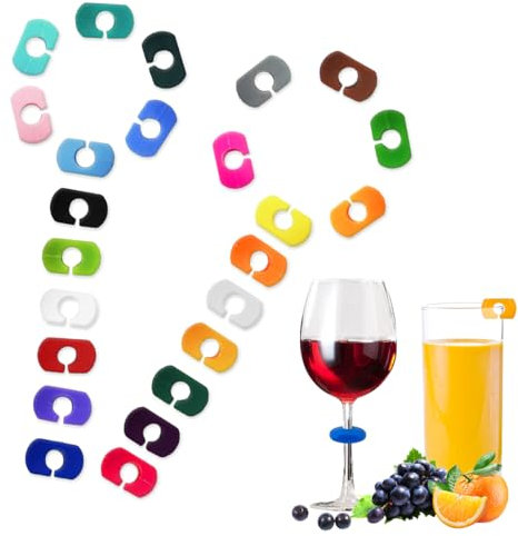 24 Piezas Colores Marcadores de Copas de Vino, Marcadores de Cristal de Silicona Coloridos Identificador de Vasos Marcadores de Bebidas, Identificación de Vidrio Reutilizable Marcadores Copas de Vino