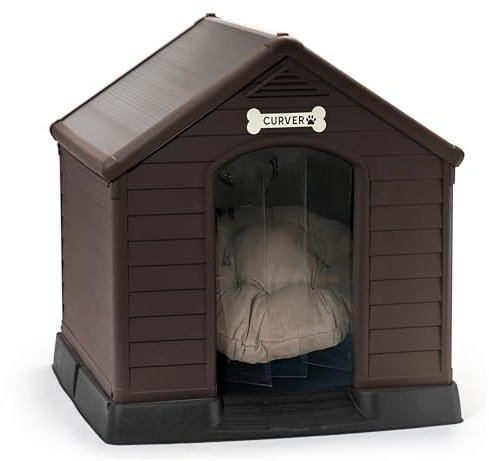 CURVER Caseta de Perro marrón grande, incluye cojín, cortina y etiqueta con nombre - Fabricada en resina 99Wx99LxH95 cm