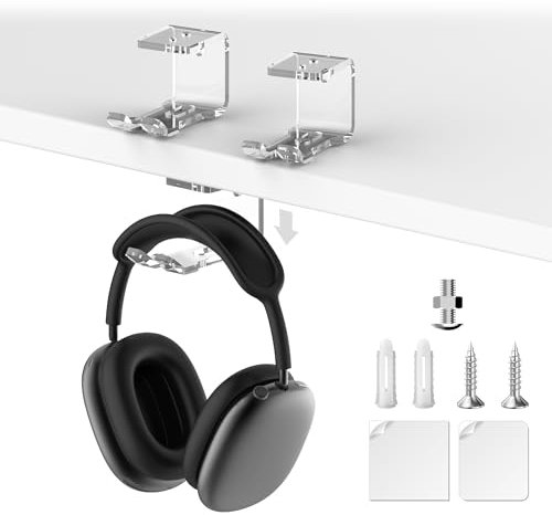 Alloery 2 Pieces Headphone Stand Headset Hanger, Dual Headphone Wall Mount, Under Desk Table Hook and On Wall Universal Headset Holder for Most of Gaming Headphones (Transparent)