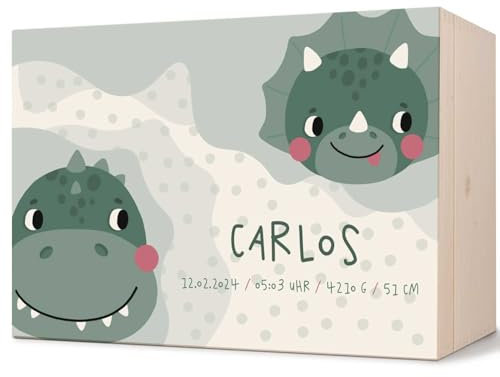 GRAVURZEILE Personalisierte Erinnerungskiste für Babys - Dino Motiv - Personalisiert mit Name & Datum - Holzkiste für Mädchen & Jungen - Geschenk fürs Baby zur Geburt - Erinnerungsbox für Neugeborene