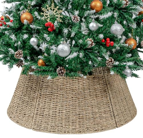 CubesLand Collar para árbol de Navidad, falda de árbol de Navidad de 26.7 pulgadas, 5 piezas hechas a mano, cubierta de base de árbol de Navidad de hierba marina cálida, decoración rústica para árbol