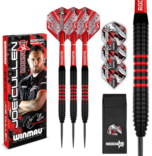 WINMAU Darts Joe Cullen Rockstar 20g Messing Darts-Set mit Dart Flüge und Dart-Schäften inkl. Punktekarte