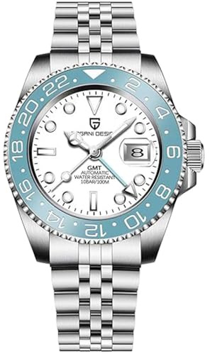 CADISEN Pagani Design GMT Herren-Armbanduhr, mechanisch, vollautomatisch, 40 mm, Datum, 100 m, wasserdicht, Edelstahl, wasserdicht, drehbar, Keramik-Lünette, Sportuhr für Herren