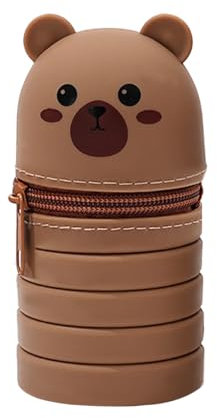 Ruayia Kawaii Federmäppchen Teleskopisch, Weichem Silikon Federtasche, 2 in 1 Bär Niedliches Federmäppchen, Mäppchen Cartoon Bleistifthalter für Mädchen Jungen Aufbewahrung Schreibwaren (Braun)