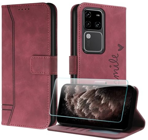 JayModCase Mobile Phone Case Compatible with Vivo V30 5G/vivo V30 Pro 5G, Flip PU Wallet Protective Case with [1 Piece Protective Film] Card Slot Magnetic Closure Stand Case for Vivo V30 5G (Red)