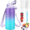 KETIEE Trinkflasche 2L 2 Liter Trinkflasche Wasserflasche 2 Liter mit Strohhalm & Verstellbarem Schultergurt & Früchtebehälter, BPA frei Auslaufsicher Sportflasche mit Zeitmarkierung, Violett Blau