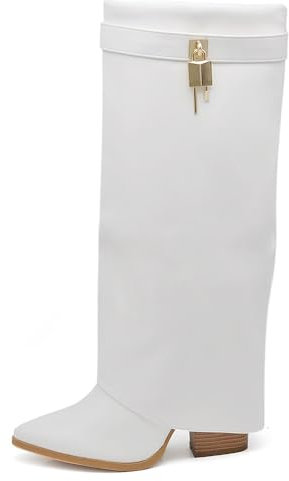 IF FASHION Stivali Alti A Punta Gambale A Ghetta Con Tacco Zip Cerniera Luchetto Da Donna G698 Bianco N.38