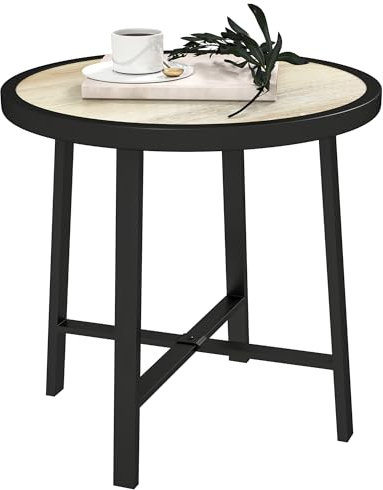 Outsunny Mesa de jardín pequeña redonda, mesa auxiliar de 50,5 cm para exteriores con mesa SPC, marco de metal y almohadillas antideslizantes para jardín, balcón, acabado de madera natural