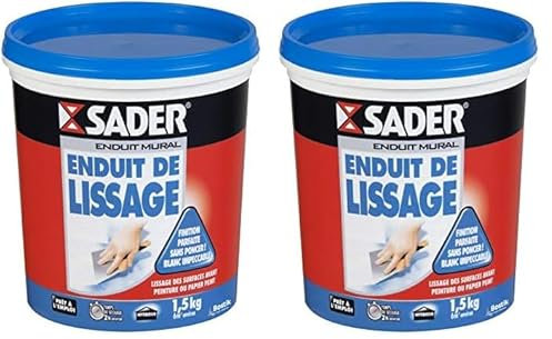Sader Enduit de Lissage Mur Prêt à l'Emploi en Pâte – Intérieur et Plafond – Utilisable comme Joint Plaque de Plâtre, Rebouche Trou Jusqu'à 2 mm et Bouche Pore Bois – Blanc – 1 Pot de 1,5 kg