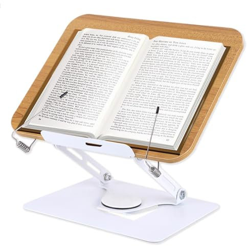 ASIEIT Book Stand for Reading, Adjustable Book Holder with 360° Swivel Base, Foldable Cookbook Stand with Elastic Page Clips for Kitchen, Office, Music Scores, Recipe, Magazines, Laptop - White