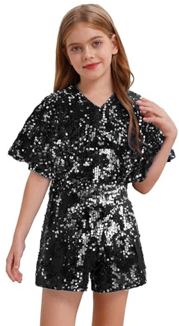 inhzoy Kinder Mädchen Jumpsuit Kurz Glitzer Pailletten Overall Kurzarm Festlich Sommer Hosenanzug Gr. 110-170