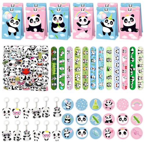 Eymobad 86 Stück Panda Party Favour Supplies,Kindergeburtstag Gastgeschenke Panda Set,Mit Schlüsselanhänger Geschenktüten Aufklebe Armbänder, für Panda Geburtstag Party Deko