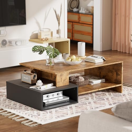Couchtisch Kaffeetisch Wohnzimmer Moderner Niedriger Couchtisch Eleganter Beistelltisch couch Material aus Holz Super Stabil Coffee Table Kaffeetisch Sofatisch mit Stauraum 105x35x60CM (Braun+Schwarz)