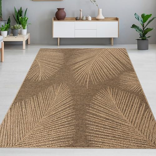 CARPETIA Teppich Gästezimmer Wohnzimmer Schlafzimmerteppich In- & Outdoorteppich wetterfest in zeitlosem Blättermuster in Beige Braun 160 x 230 cm