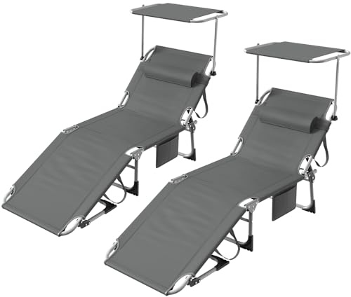 Lot de 2 Chaise Longue Bain de Soleil Pliable avec Pare-Soleil 360° Ajustable, Transat pour Jardin-PlageExtra Large 68 cm, Dossier Réglable, Appuie-Tête, Poche Latérale, Tissu Oxford 600D, Anthracite