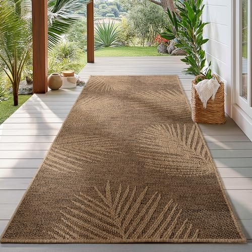 HomebyHome Outdoor Teppich Läufer 80x250 cm Wetterfest Pflegeleicht Jute Natur Optik Palmen Design für Flur Küche Terrasse Balkon