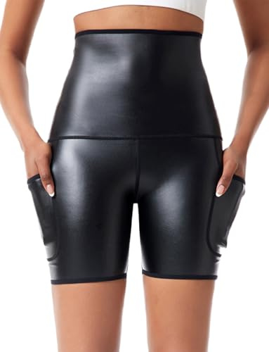 Ausing Kurze Leder Short Damen Kunstleder Hotpants Hohe Taille Ledershorts Push up mit Taschen Festival Rave Pole Dance Outfit Clubwear Schwarz 2XL