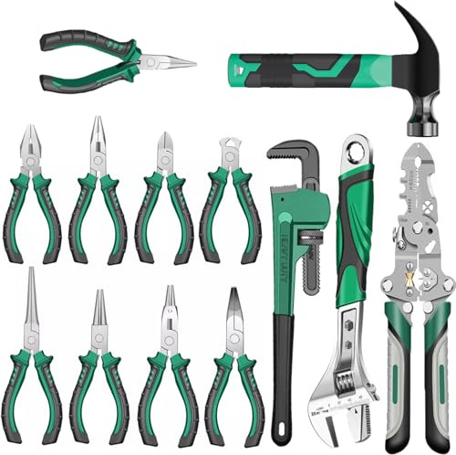 XRMXF Jeu de 13 pinces à nez long, pince à bec, pince à bec long, pince à bec long courbée, coupe-fil et pince coupante, pince à dénuder, pince multiprise à eau, marteau arrache-clou, clé à molette