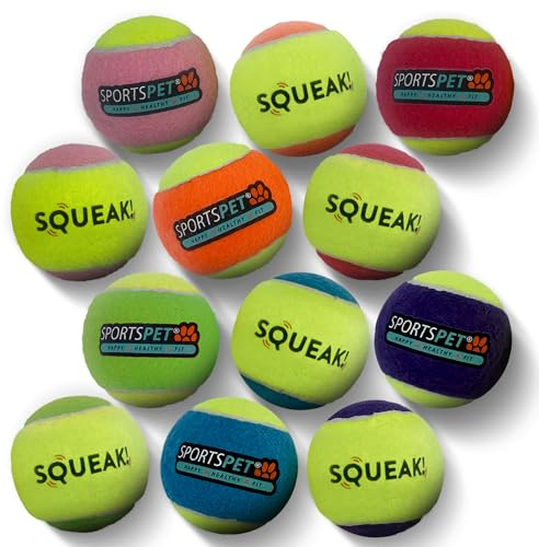 SPORTSPET Squeak Tennis Dog Balls, Multicolour, PACK OF 12 (64mm) | Extra Bouncy, Non Toxic, Durable, Long Lasting Squeaky Dog Ball, Safe for Teeth & Gums, Medium Size, squeaky tennis balls