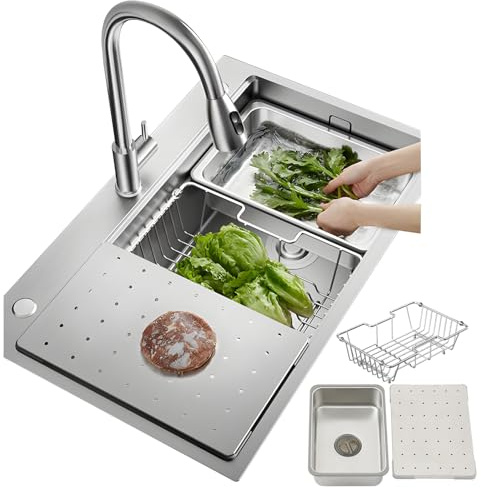 HZKSINNK Fregadero de acero inoxidable 304, fregadero empotrable de 1 pila, 70x50 cm Fregadero de cocina cepillado, gran pila, profundidad, hecho a mano, fregadero multifuncional, con sifón