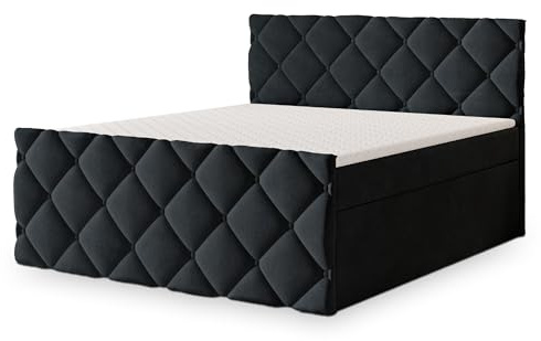 Masseno Boxspringbett ROVARI 140x200 cm Komplett-Set mit Matratze und Topper, Polsterbett mit Zwei Bettkästen -Schwarz, Kronos 07