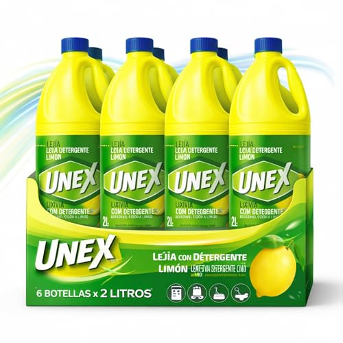 Lejía con Detergente Limón, Desinfectante Superficies, Uso en Baño, Cocina, Azulejos, Suelos, Aptas para Desinfección y limpieza, Combate los malos olores con fragancia fresca, 6 botellas de 2 Litros