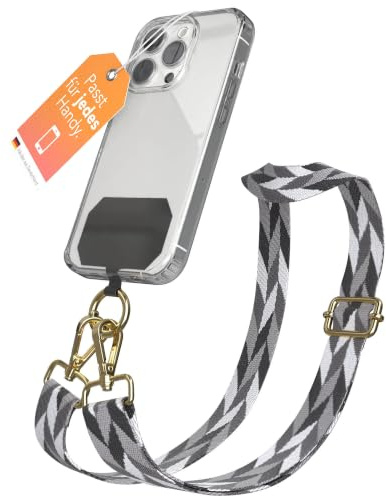 EAZY CASE - Handykette Universal zum Umhängen kompatibel mit jedem Handy Kette mit Hülle kombinierbar Handykordel Karabiner für Handyhülle Handyband zum Umhängen Mix - Grau/Schwarz Metall Gold