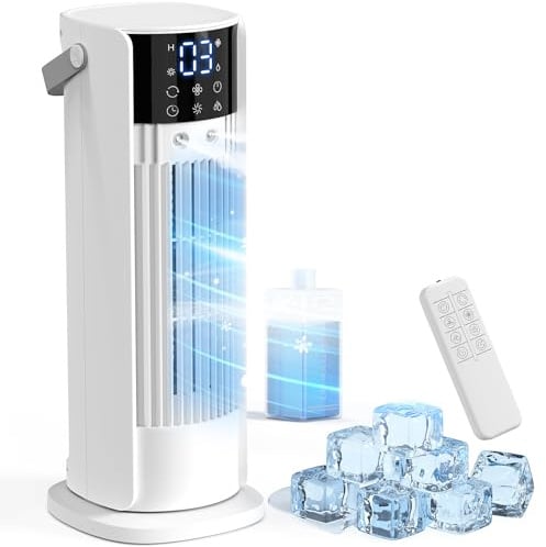 Climatiseur Mobile avec reservoir 4 en 1 rafraichisseur d'air silencieux avec 4 Vitesses, Mode Tempête, 2 Modes de pulvérisation, Minuterie et Oscillation à 90° pour Chambre et Bureau