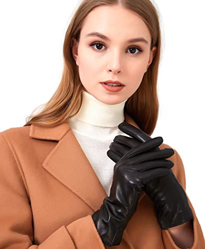 ZLUXURQ Handschuhe Damen Schwarz Weiche Lammfell Leder Touchscreen und mit Kaschmir gefüttert Winter handschuhe,bequem und warm.