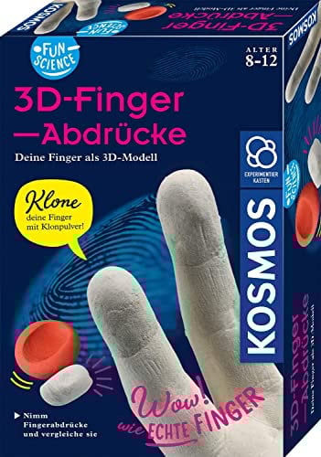 KOSMOS 654221 Fun Science - 3D-Fingerabdrücke, 3D-Skulpturen selber Machen, Abdruck-Set für die eigenen Finger, mit Klon-Pulver und Gips, KOSMOS Experimentierset für Kinder ab 8 Jahre, Silver